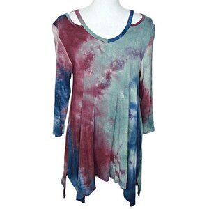Olivia Sky Tie Dye Tunic Shirt Top Bare Sexy Shoulder Blue Pink Soft V-Neck Sz S